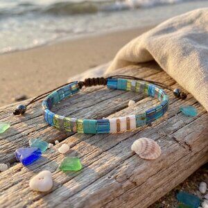 Handmade Tila Bead Bracelet Boho Chic Adjustable Glass Tile Blue Teal Stacking